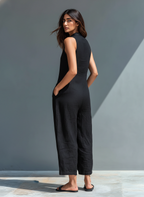 Women's Summer Jumpsuit | Sleeveless Wide Leg & Button Henley Neck