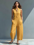 Women's Summer Jumpsuit | Sleeveless Wide Leg & Button Henley Neck