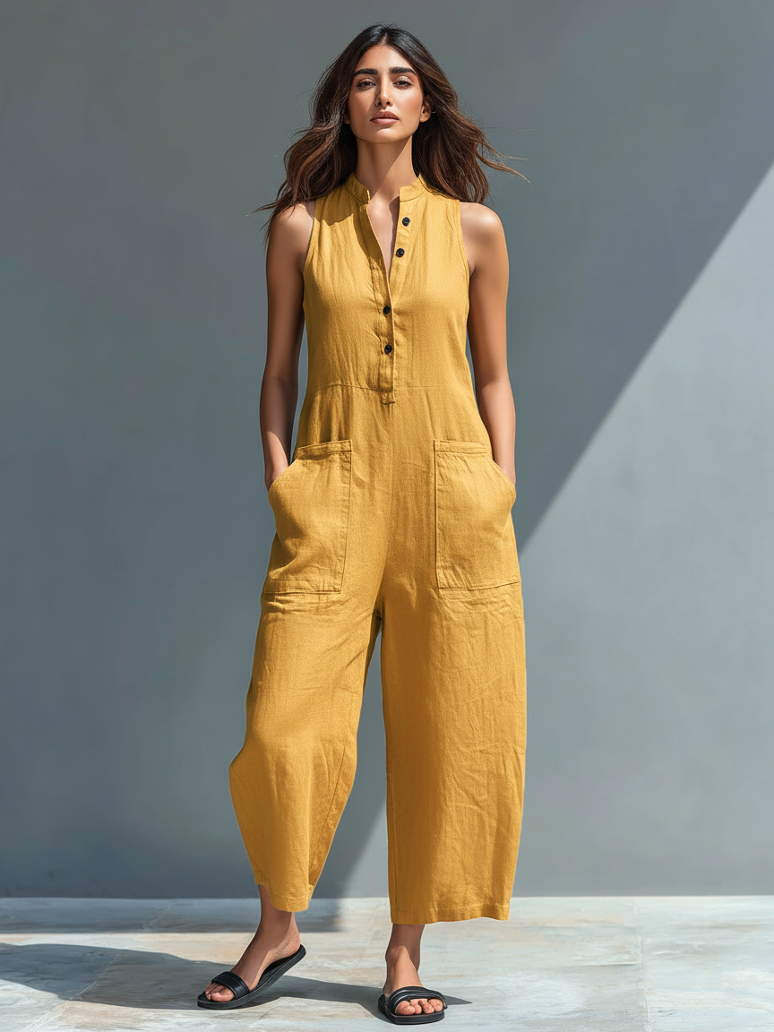 Women's Summer Jumpsuit | Sleeveless Wide Leg & Button Henley Neck