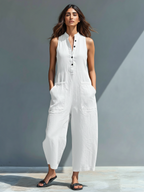Women's Summer Jumpsuit | Sleeveless Wide Leg & Button Henley Neck