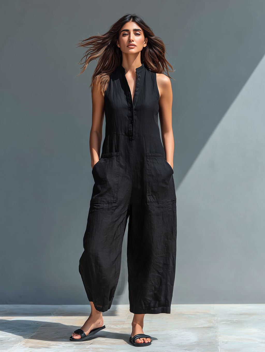 Women's Summer Jumpsuit | Sleeveless Wide Leg & Button Henley Neck