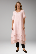 Women's Summer Midi Dress | Layered Hem & Floral Lace Detail
