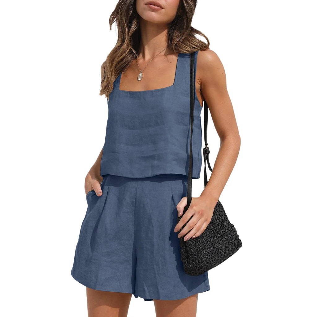 Women's Top and Shorts Set | Square Neck Sleeveless Co-ord