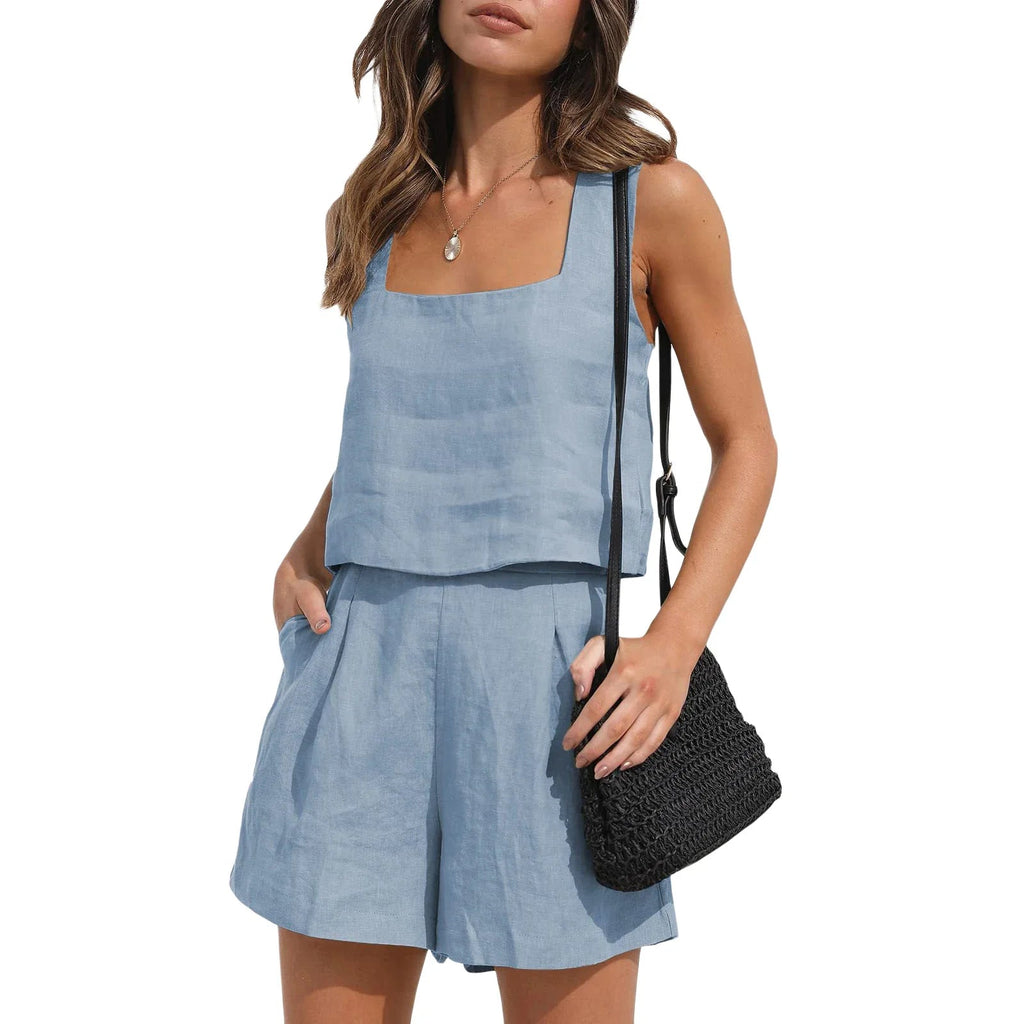 Women's Top and Shorts Set | Square Neck Sleeveless Co-ord