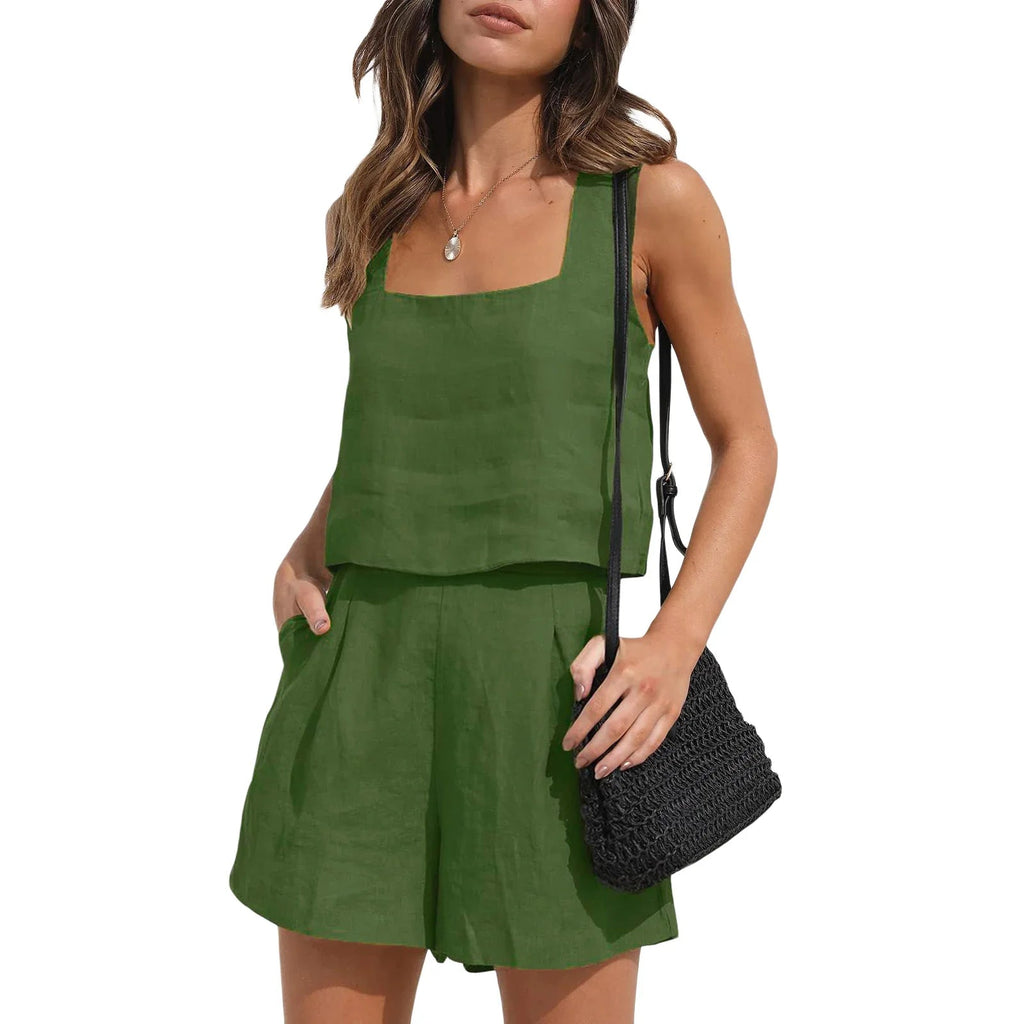 Women's Top and Shorts Set | Square Neck Sleeveless Co-ord