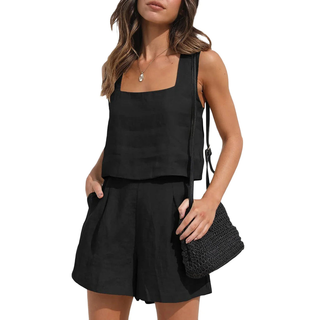 Women's Top and Shorts Set | Square Neck Sleeveless Co-ord