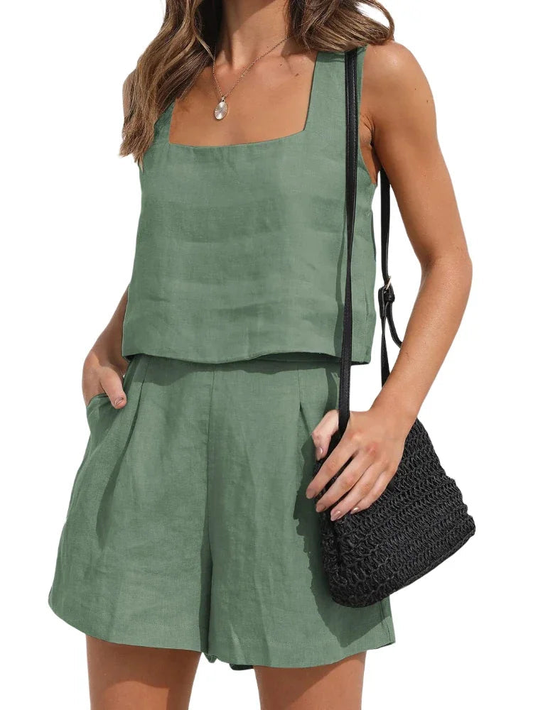 Women's Top and Shorts Set | Square Neck Sleeveless Co-ord