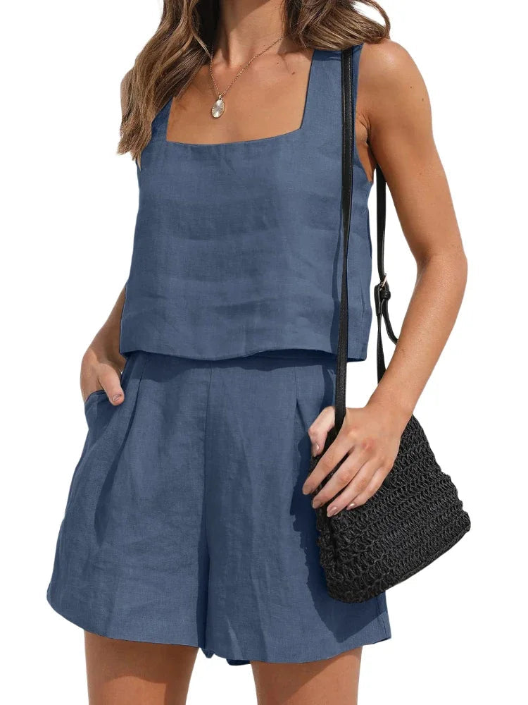 Women's Top and Shorts Set | Square Neck Sleeveless Co-ord