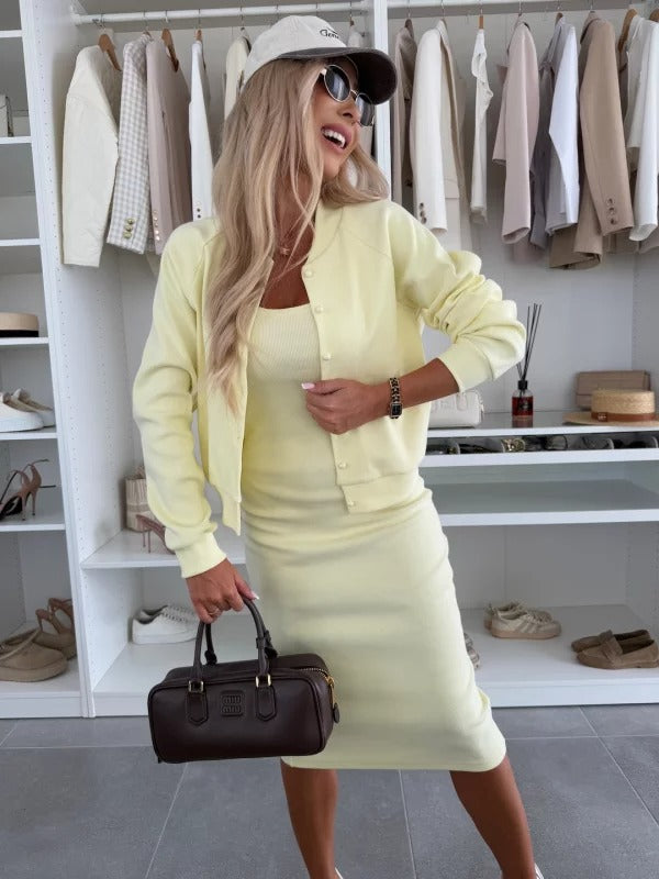 Women's Two Piece Dress Set | Elegant Ribbed Midi Dress & Cardigan