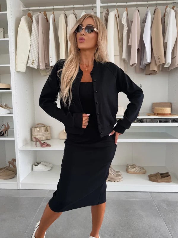 Women's Two Piece Dress Set | Elegant Ribbed Midi Dress & Cardigan