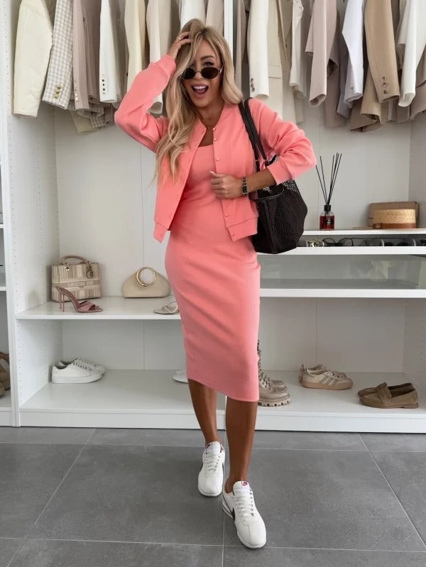 Women's Two Piece Dress Set | Elegant Ribbed Midi Dress & Cardigan