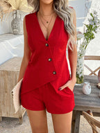 Women's Two Piece Set | Asymmetric Button Vest & Tailored Shorts