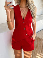 Women's Two Piece Set | Asymmetric Button Vest & Tailored Shorts