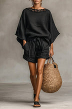 Women's Two Piece Set | Batwing Top & Drawstring Shorts Co-ord