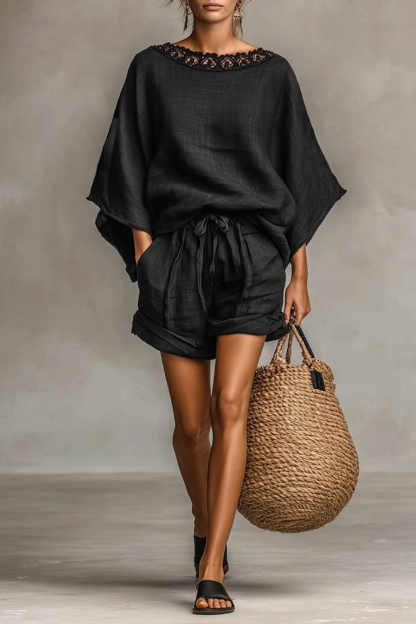 Women's Two Piece Set | Batwing Top & Drawstring Shorts Co-ord