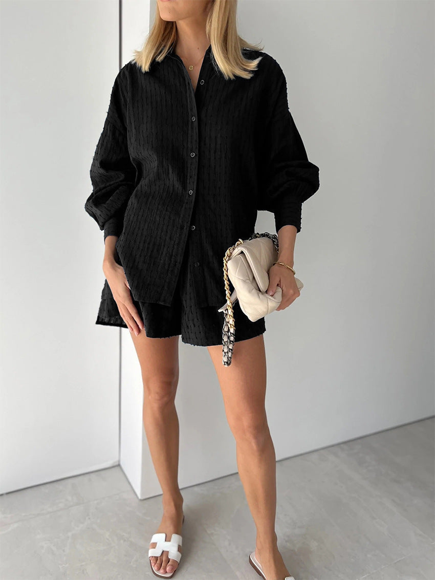 Women's Two Piece Set | Oversized Shirt & Ruffle Shorts Co-ord