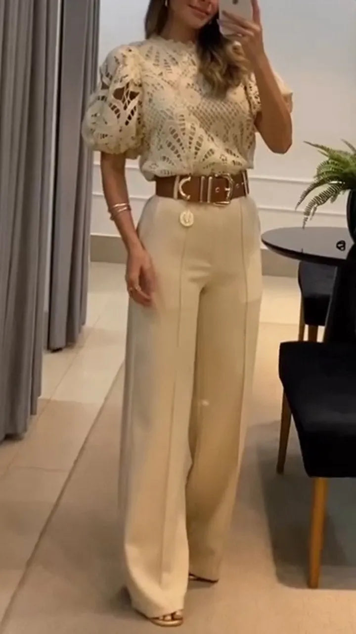 Women's Two Piece Suit | Lace Top & Wide-Leg Trousers