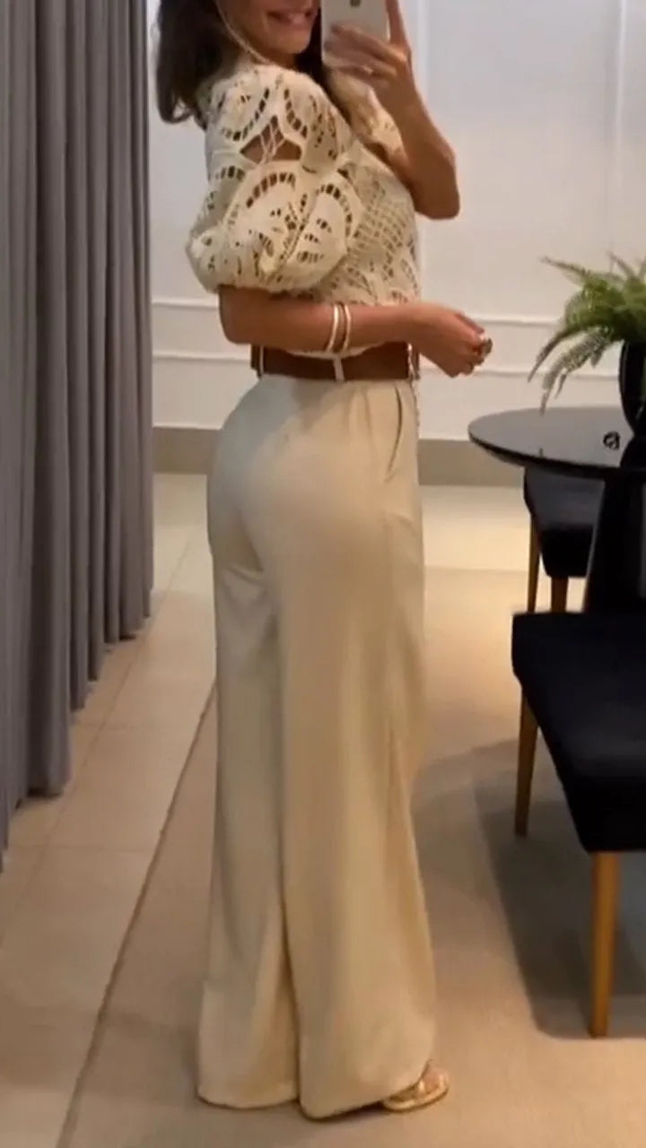 Women's Two Piece Suit | Lace Top & Wide-Leg Trousers