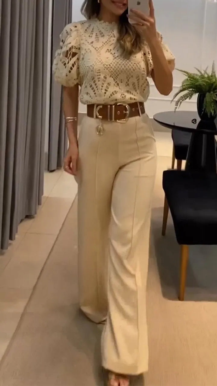 Women's Two Piece Suit | Lace Top & Wide-Leg Trousers