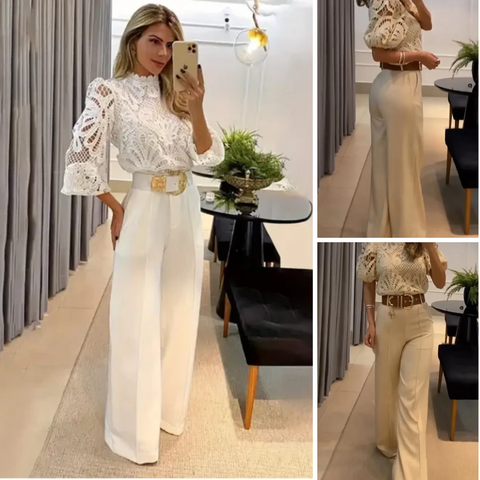 Women's Two Piece Suit | Lace Top & Wide-Leg Trousers