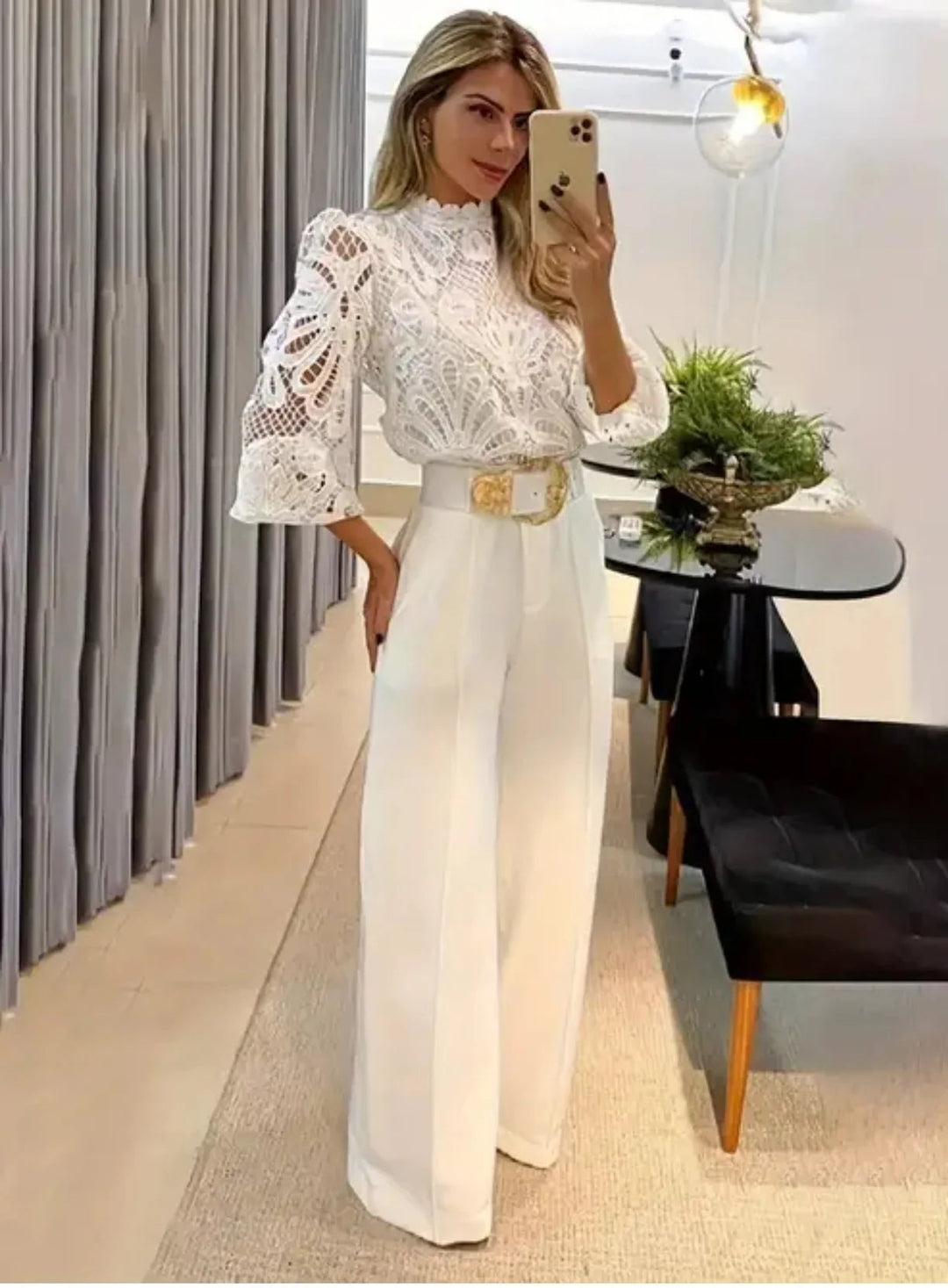 Women's Two Piece Suit | Lace Top & Wide-Leg Trousers