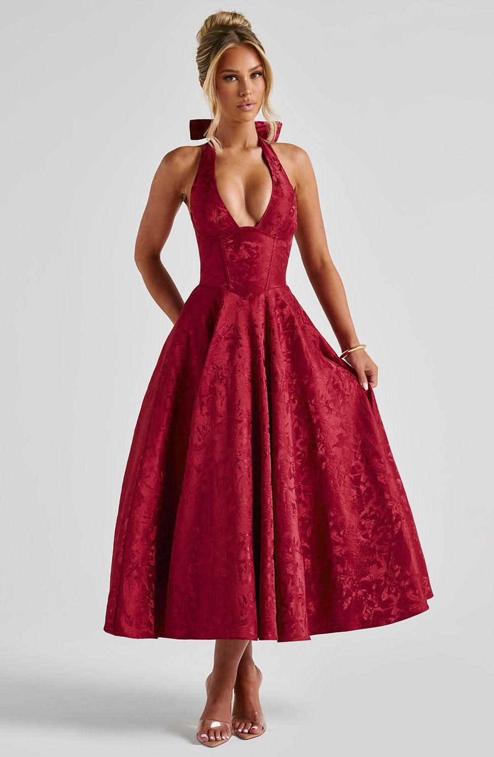 Women's Wedding Guest Dress| Halter Neck & Floral A-Line Midi
