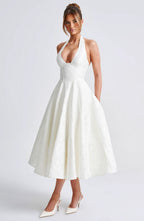 Women's Wedding Guest Dress| Halter Neck & Floral A-Line Midi