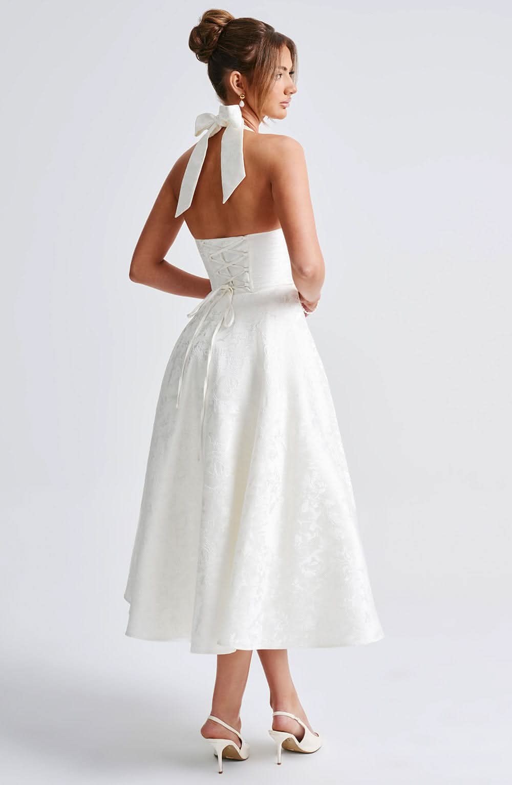 Women's Wedding Guest Dress| Halter Neck & Floral A-Line Midi