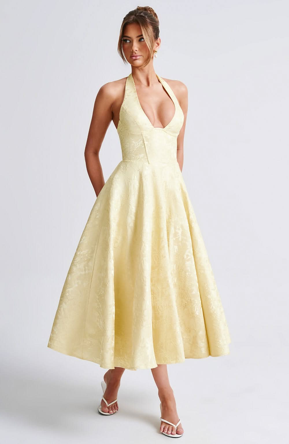 Women's Wedding Guest Dress| Halter Neck & Floral A-Line Midi