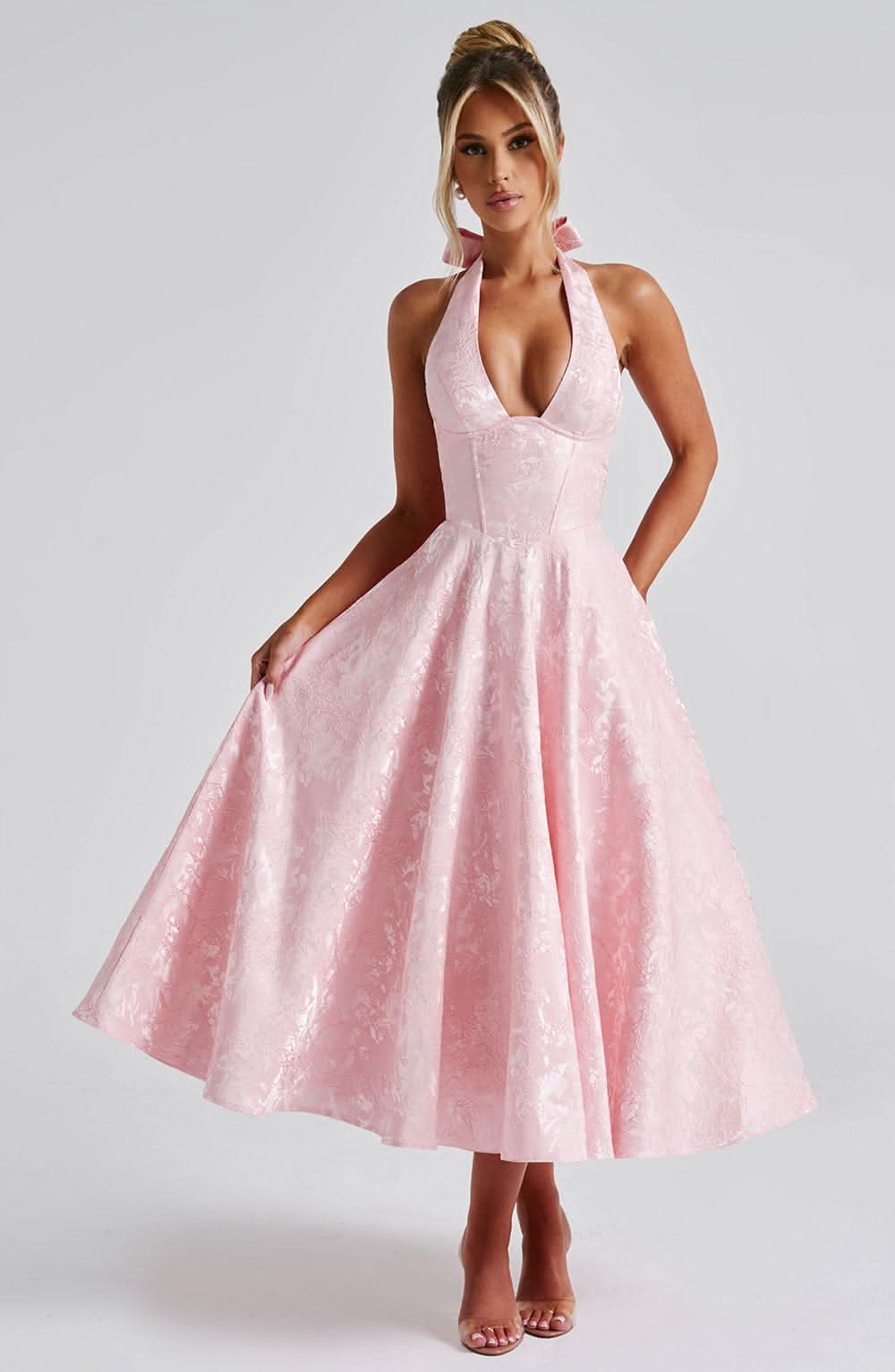 Women's Wedding Guest Dress| Halter Neck & Floral A-Line Midi
