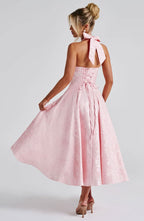 Women's Wedding Guest Dress| Halter Neck & Floral A-Line Midi