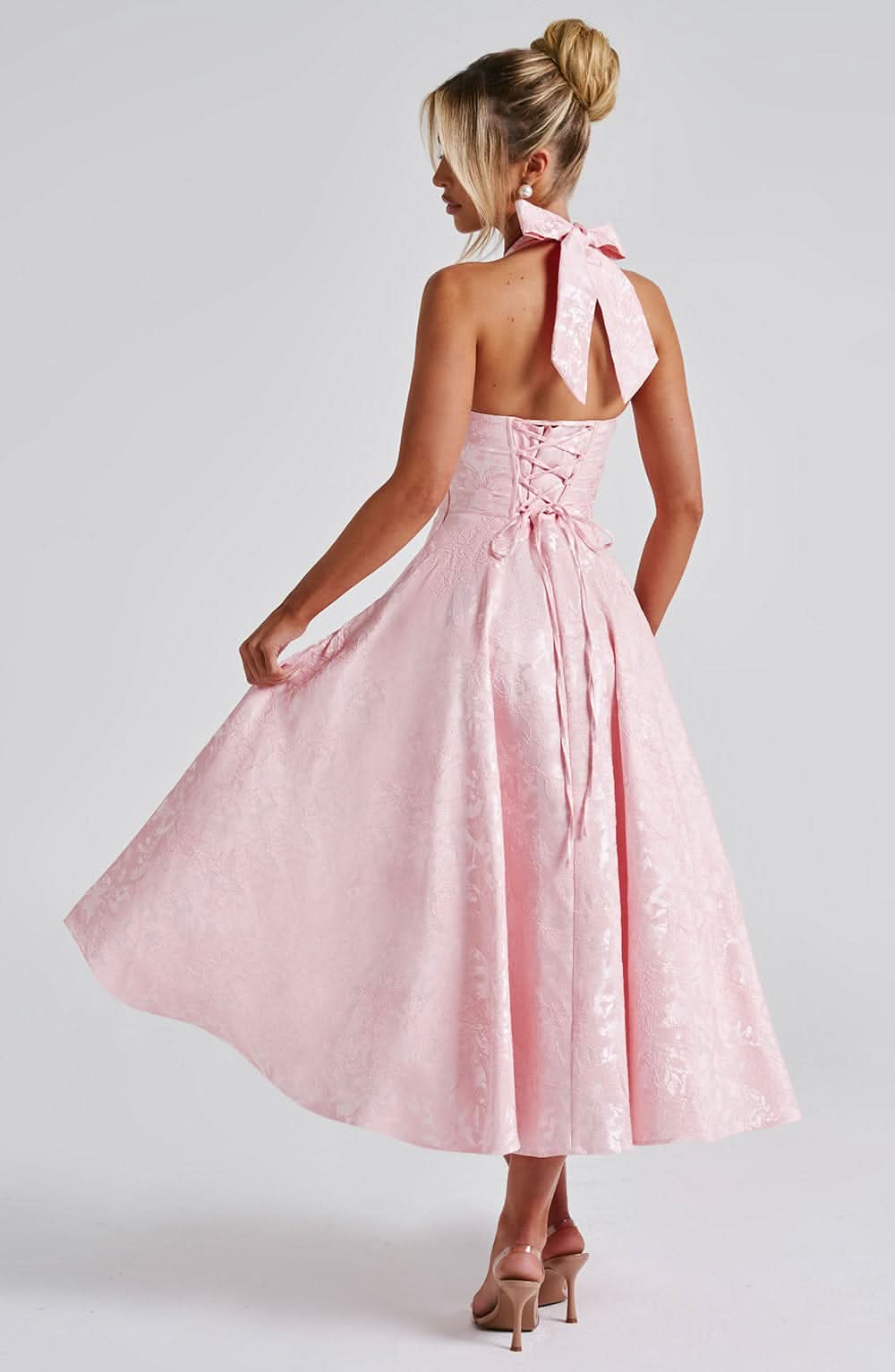 Women's Wedding Guest Dress| Halter Neck & Floral A-Line Midi