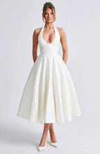 Women's Wedding Guest Dress| Halter Neck & Floral A-Line Midi
