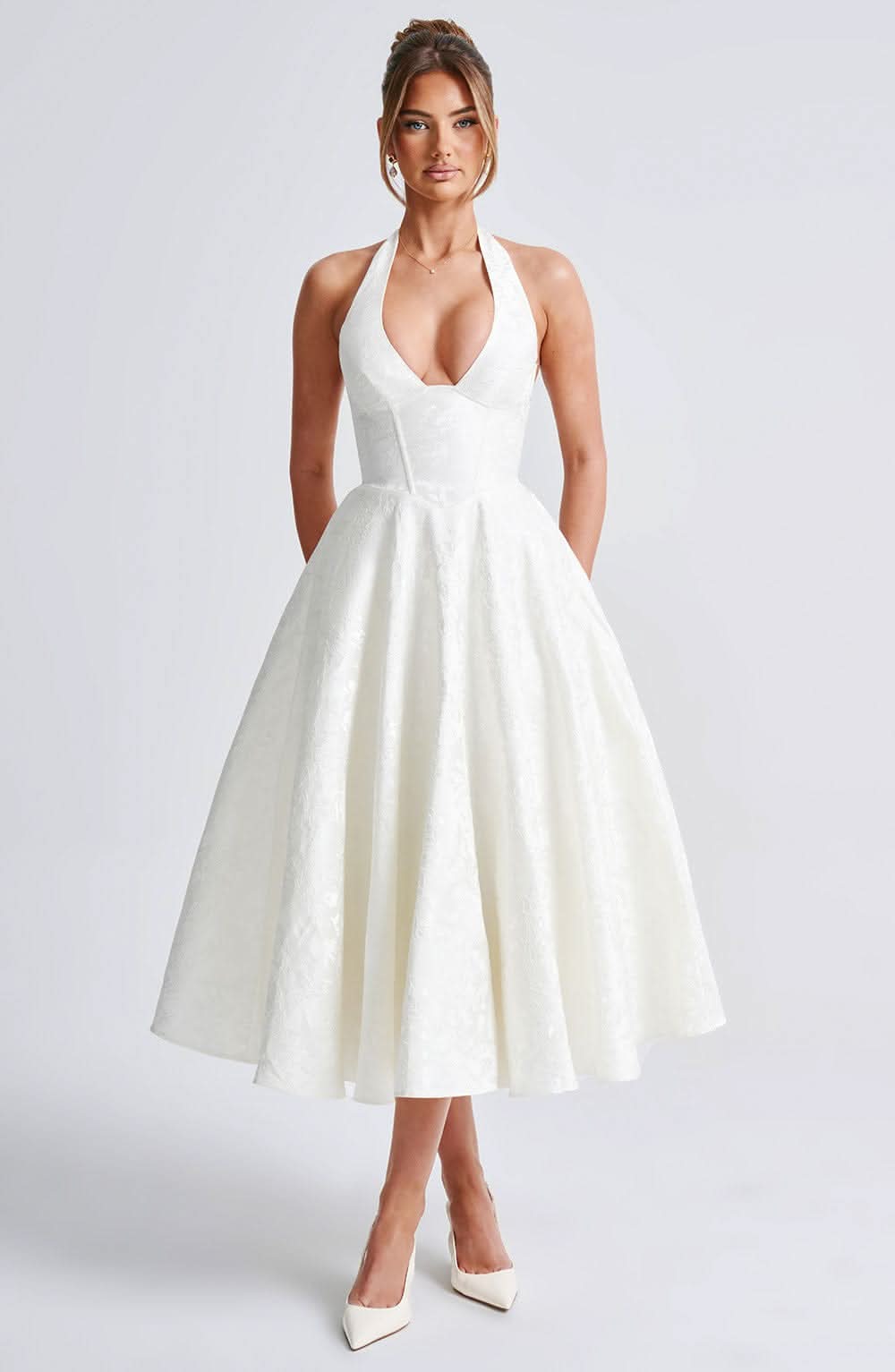 Women's Wedding Guest Dress| Halter Neck & Floral A-Line Midi