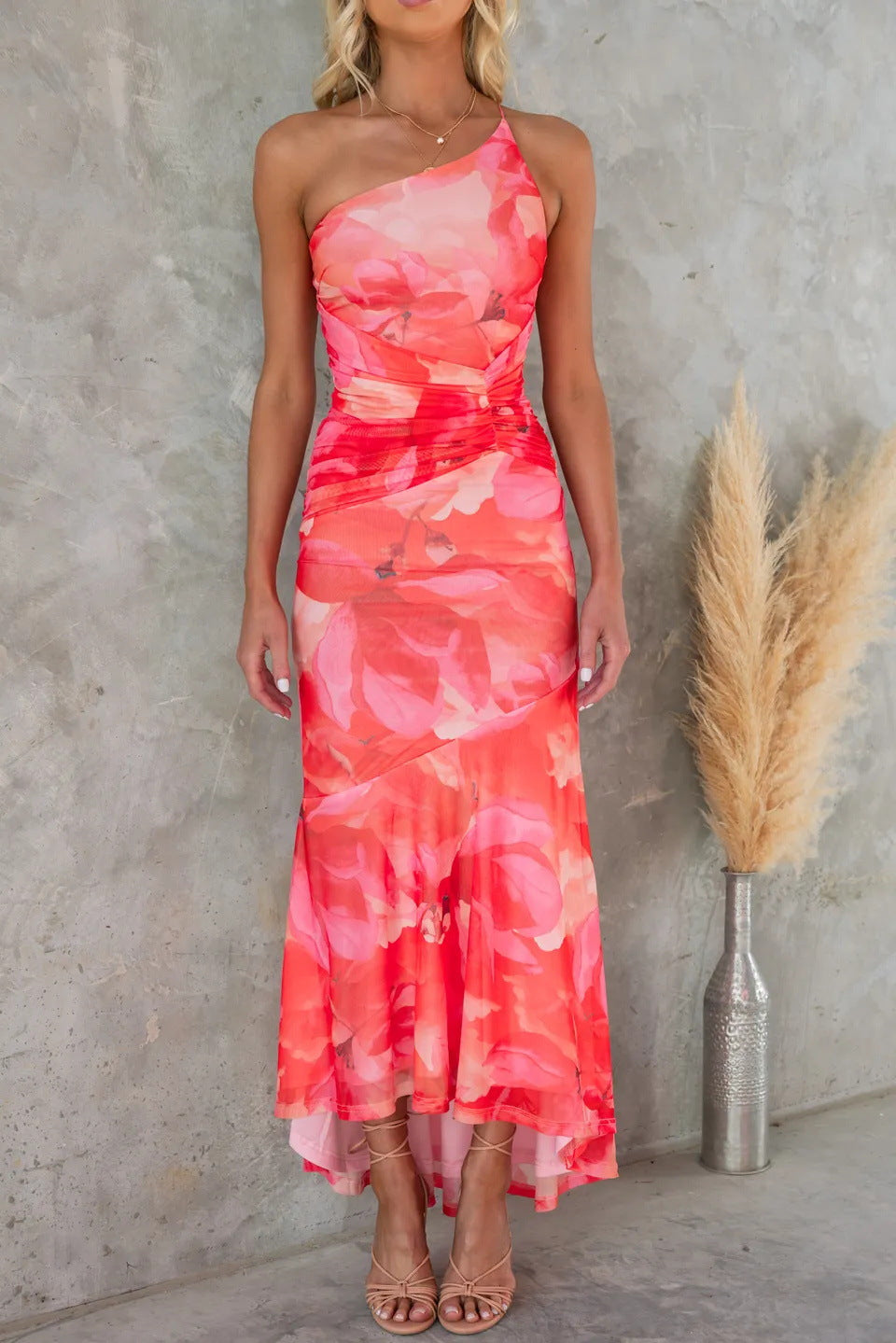 Women's Wedding Guest Maxi Dress | One-Shoulder Ruched Floral