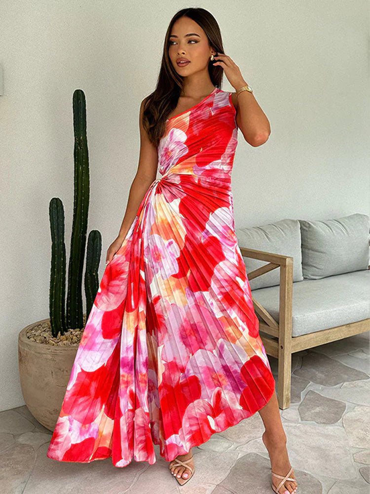 Women's Wedding Guest Maxi Dress | Pleated Floral & One-Shoulder