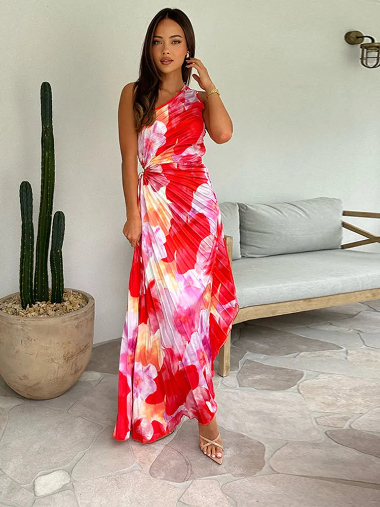 Women's Wedding Guest Maxi Dress | Pleated Floral & One-Shoulder