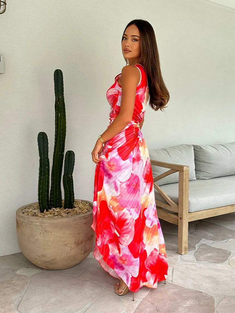 Women's Wedding Guest Maxi Dress | Pleated Floral & One-Shoulder