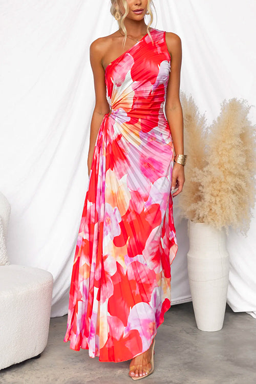 Women's Wedding Guest Maxi Dress | Pleated Floral & One-Shoulder
