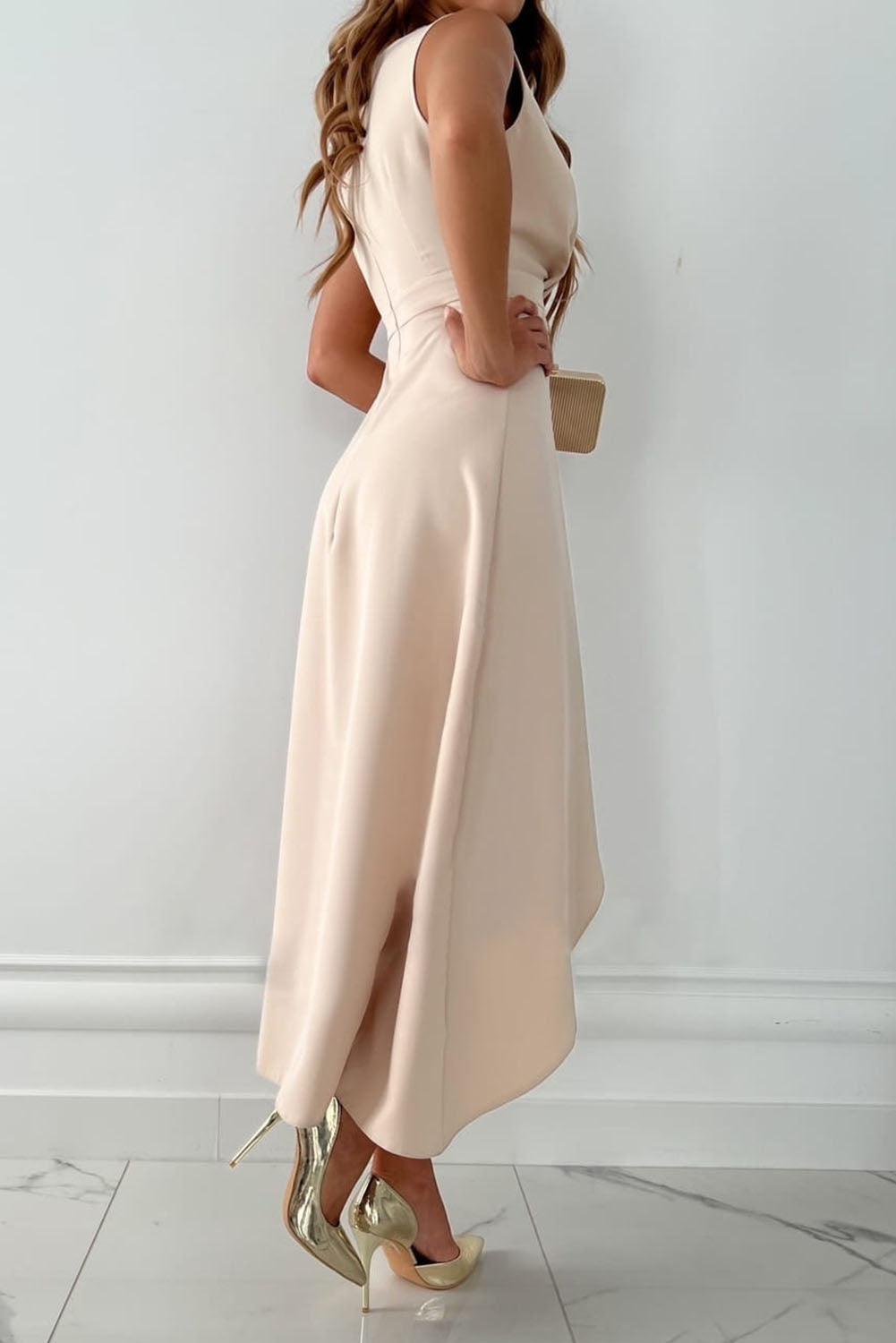 Women's Wedding Guest Midi Dress | Asymmetric Ruffle & V-Neck