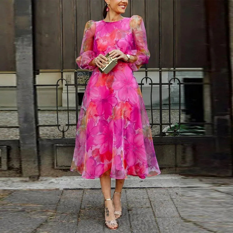 Women's Wedding Guest Midi Dress | Floral Print & Puff Sleeve