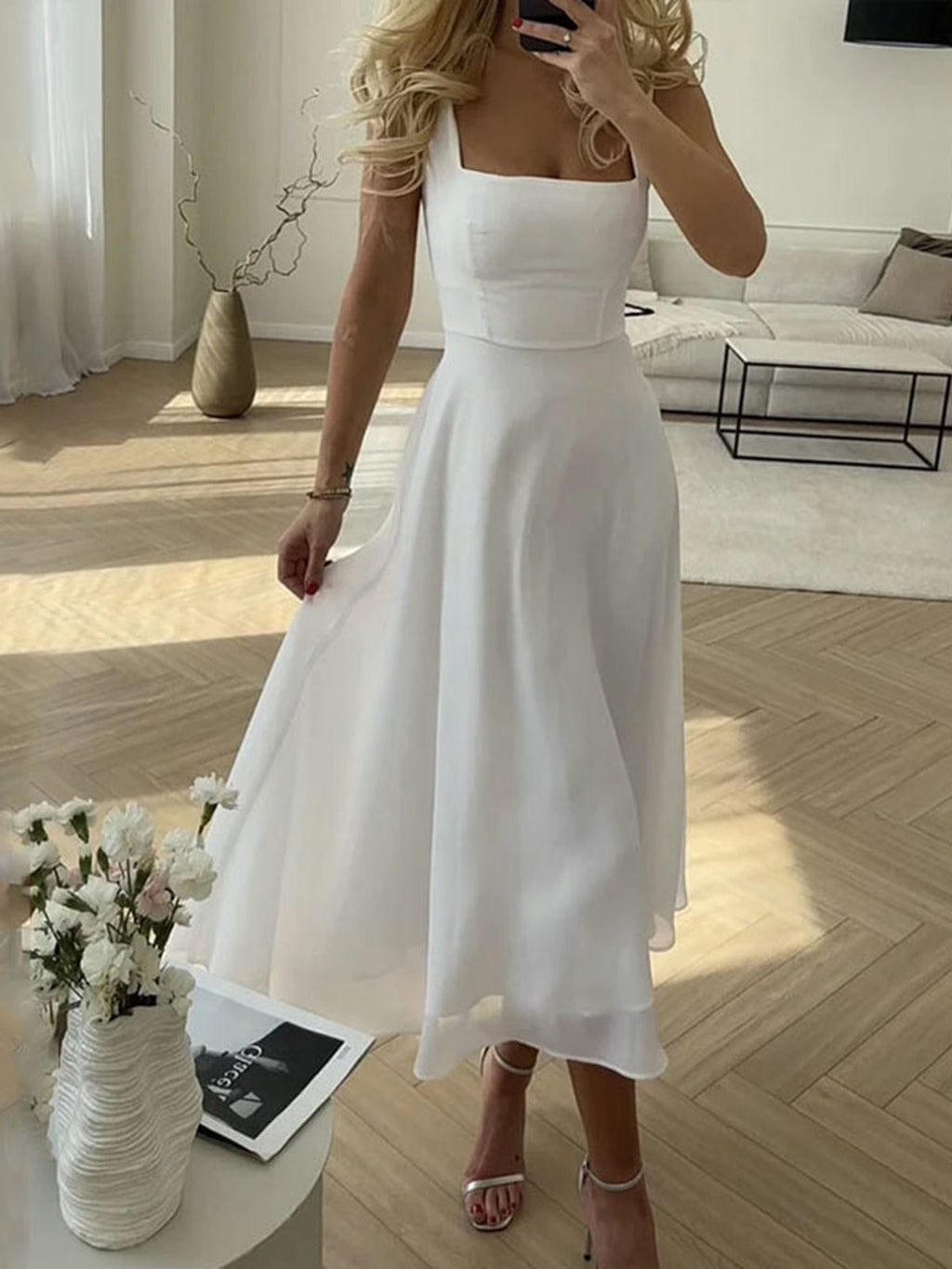 Women's Wedding Guest Midi Dress | Square Neck & A-Line Skirt
