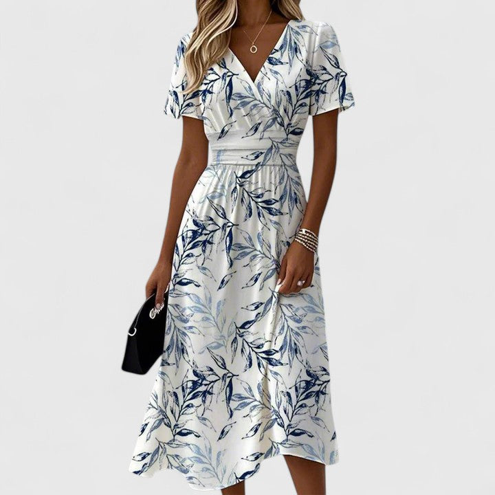 Women's White Floral Midi Dress | Wrap V-Neck & Flutter Sleeve