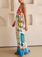 Women's White Maxi Dress | Artistic Graphic Print & Spaghetti Strap