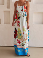 Women's White Maxi Dress | Artistic Graphic Print & Spaghetti Strap