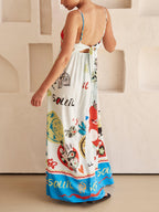 Women's White Maxi Dress | Artistic Graphic Print & Spaghetti Strap