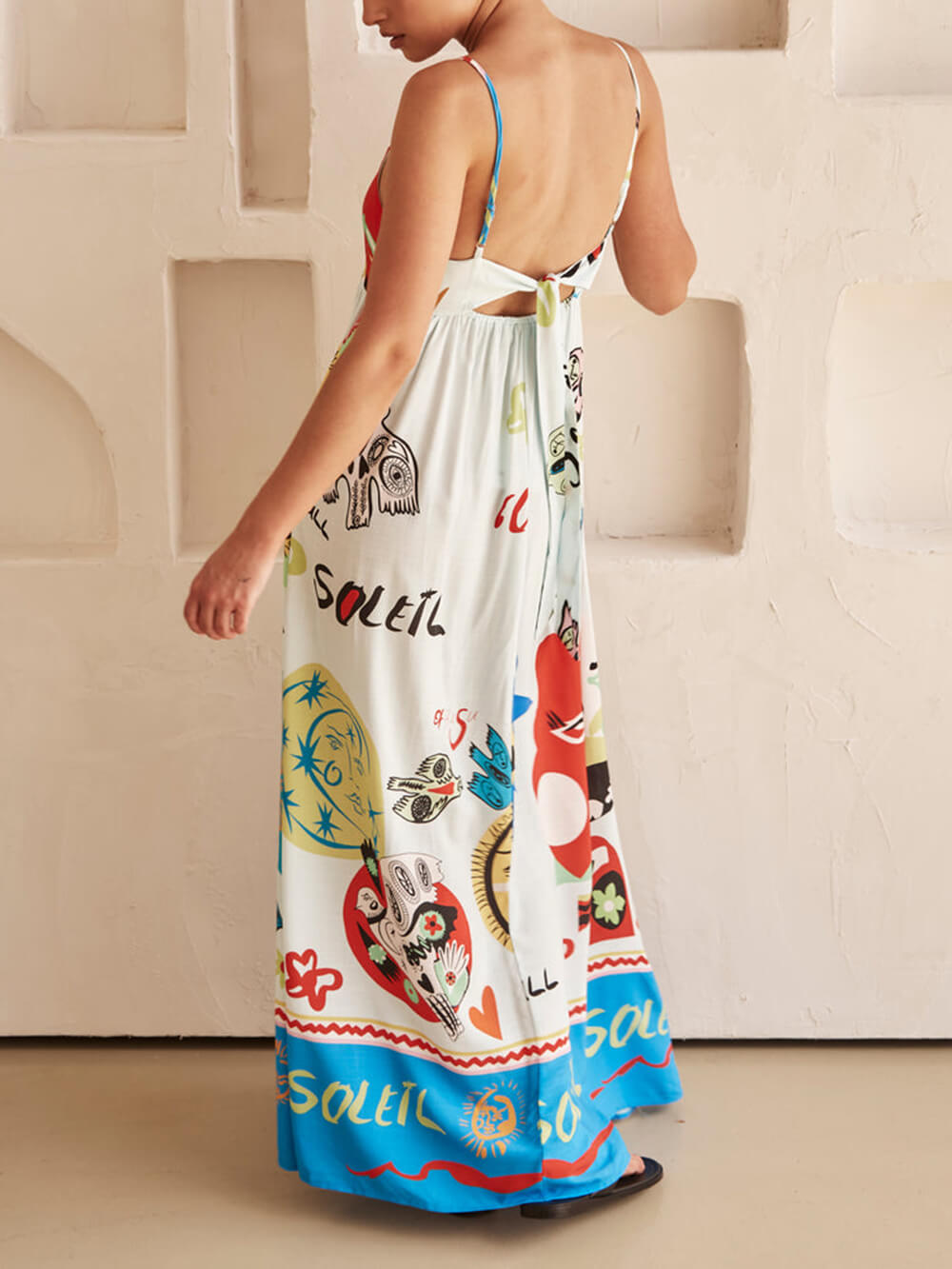 Women's White Maxi Dress | Artistic Graphic Print & Spaghetti Strap