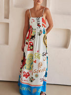 Women's White Maxi Dress | Artistic Graphic Print & Spaghetti Strap