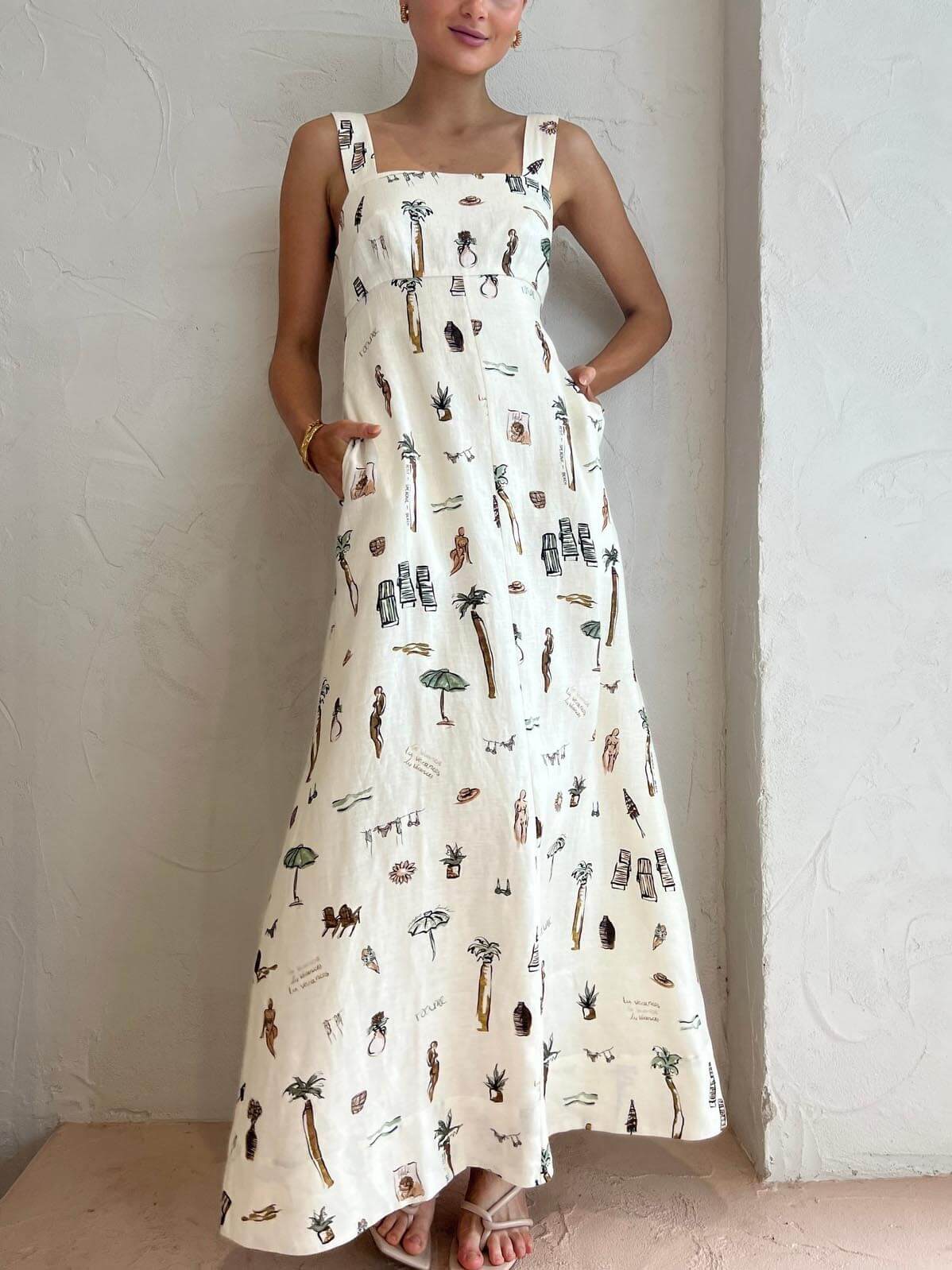 Women's White Maxi Dress | Square Neck & Tropical Illustration Print