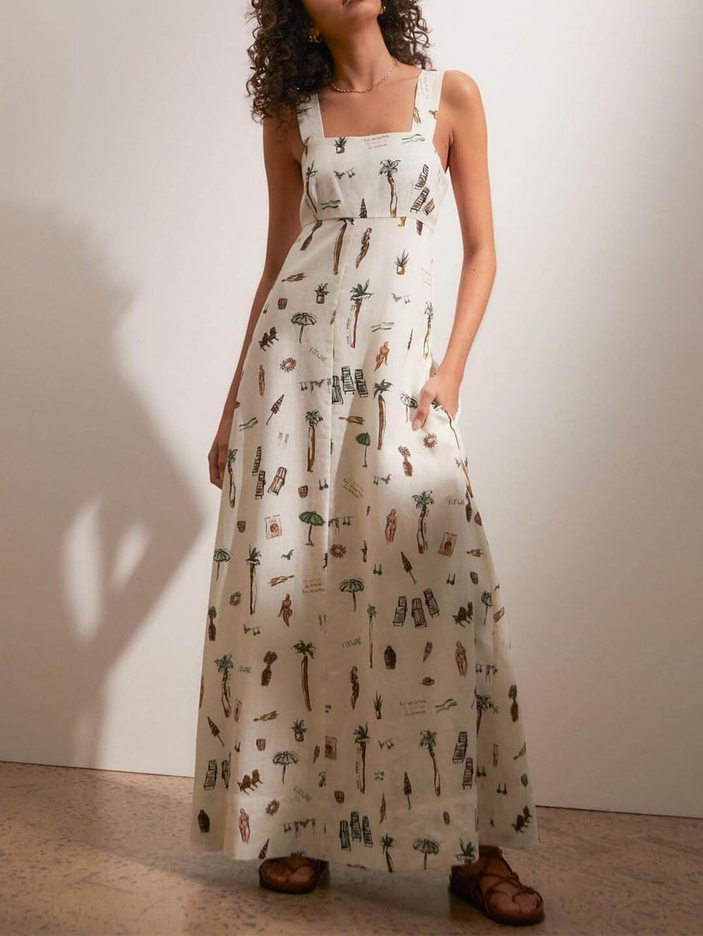 Women's White Maxi Dress | Square Neck & Tropical Illustration Print